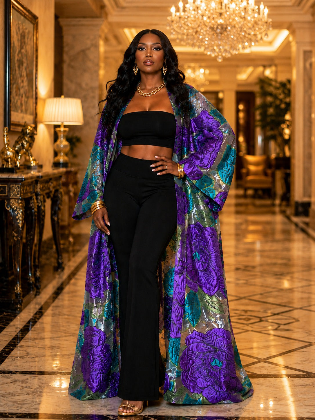 Royal Amethyst Jacquard Kimono Duster Set