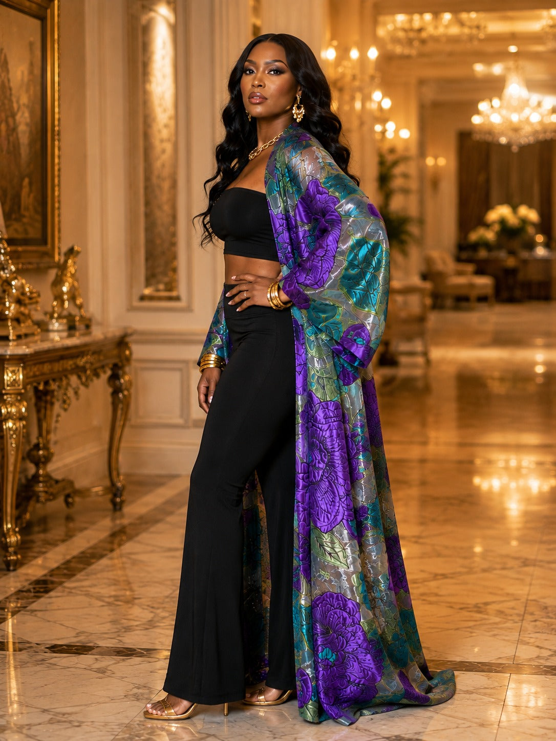 Royal Amethyst Jacquard Kimono Duster Set